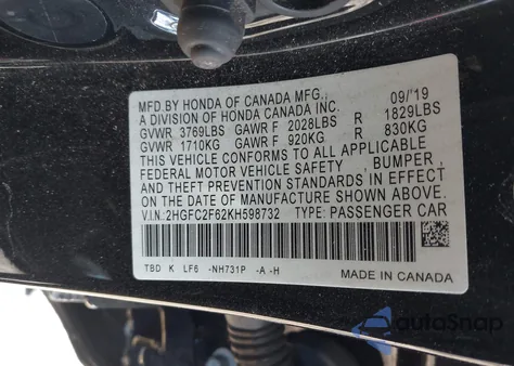 2019 Honda Civic Lx z USA, uszkodzony, nr VIN 2HGFC2F62KH598732